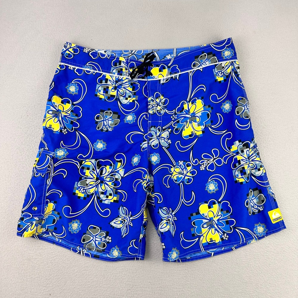 VTG Quiksilver Boardshorts Mens 38x10 Blue Floral Baggy Surf Cargo Pocket Y2K